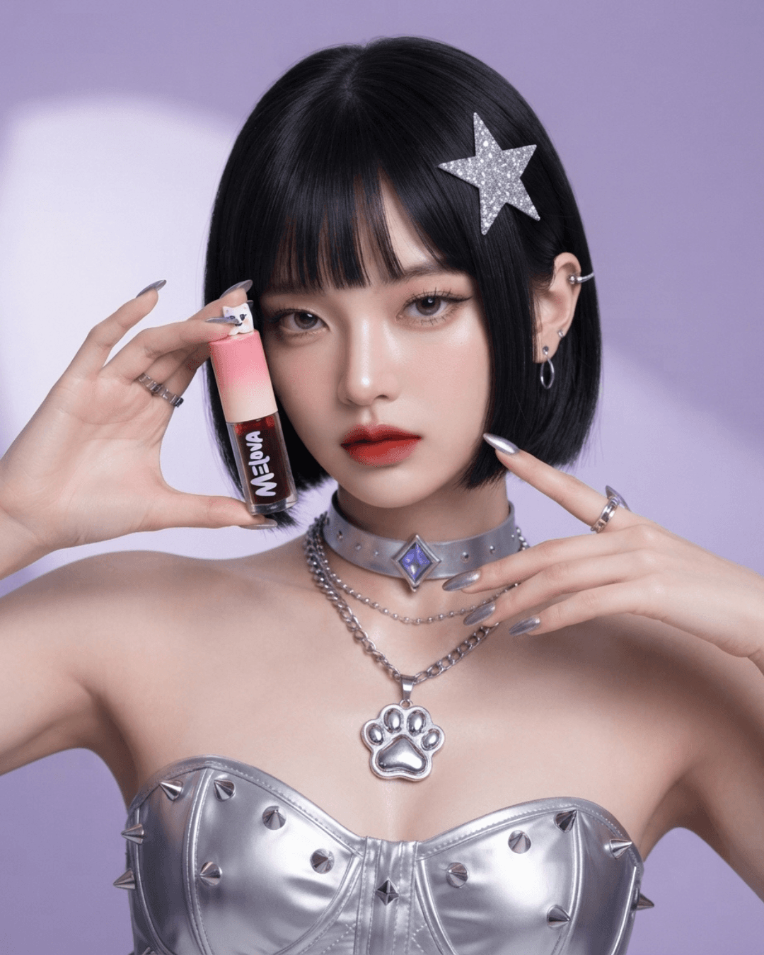 Model wearing Melova Peachflare lip tint